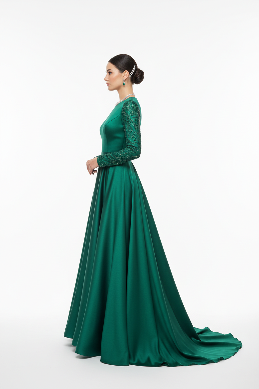 Emerald green formal evening dress - left white background