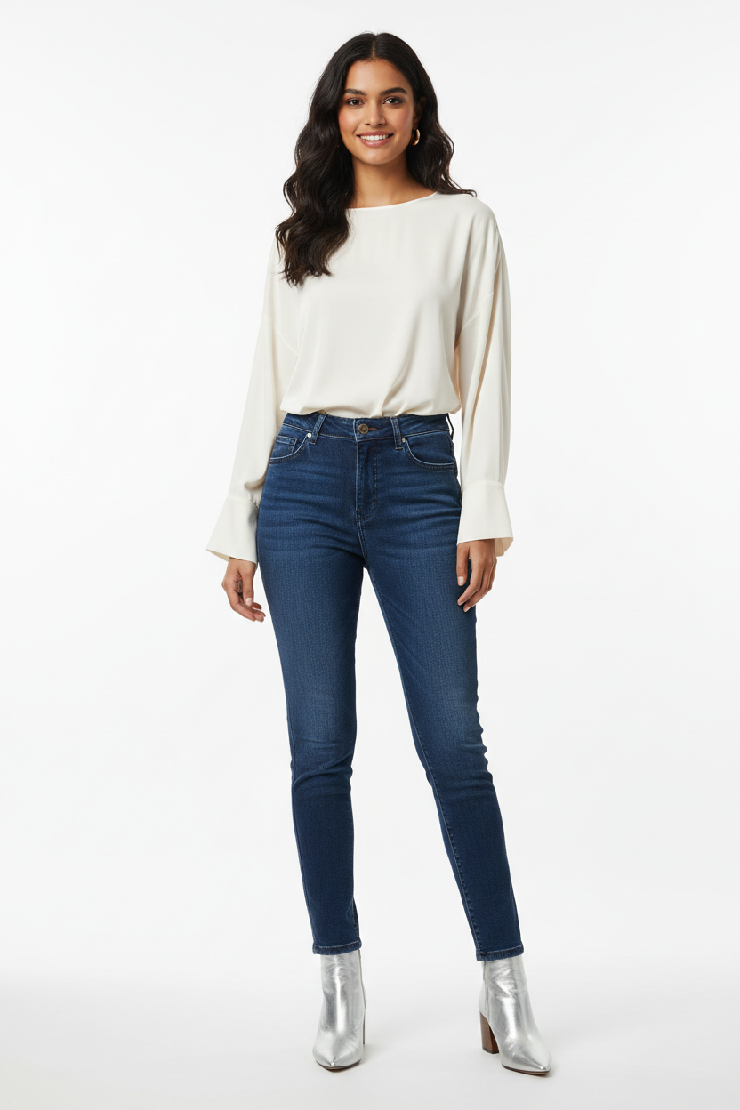 Dark blue women's jeans - front white background