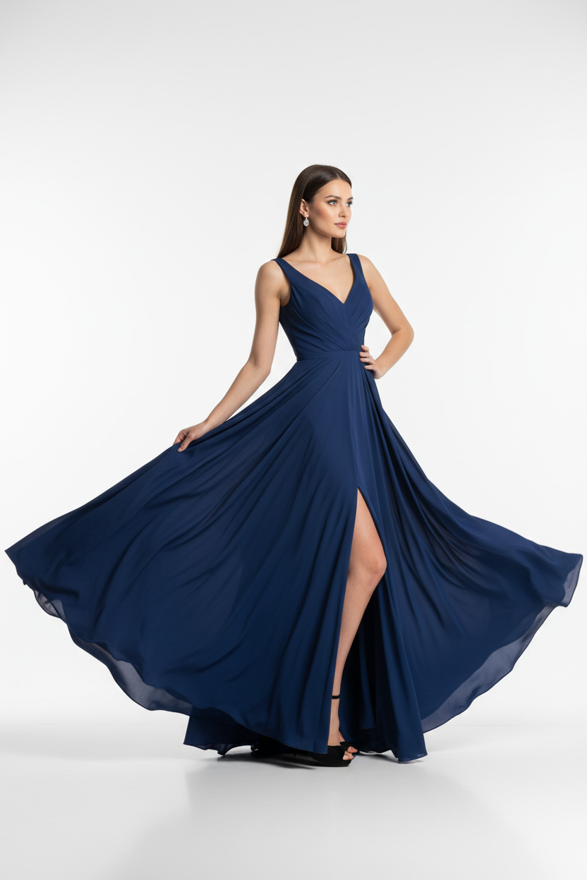 Blue formal evening dress - three quarter white background
