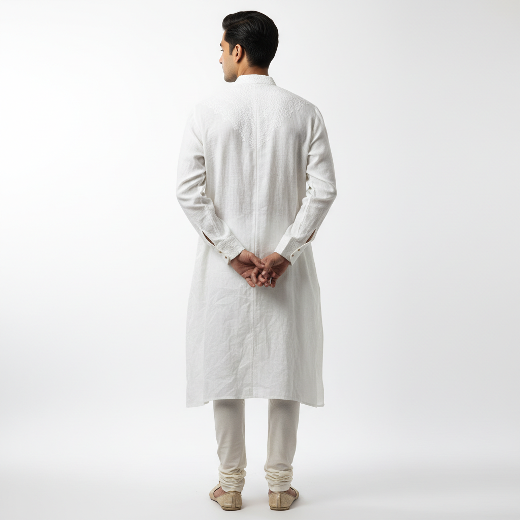 White Men's Kurta - Back Angle
