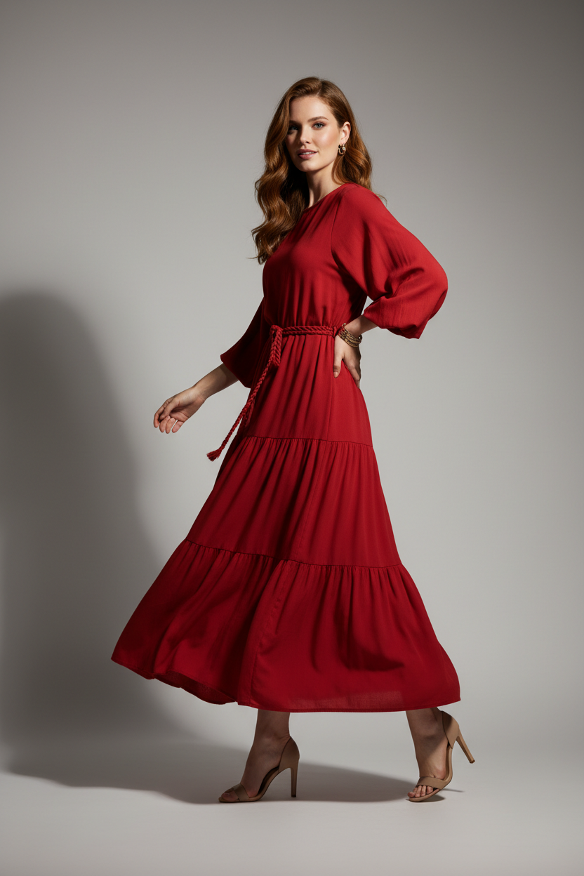 Red casual day dress - three quarter