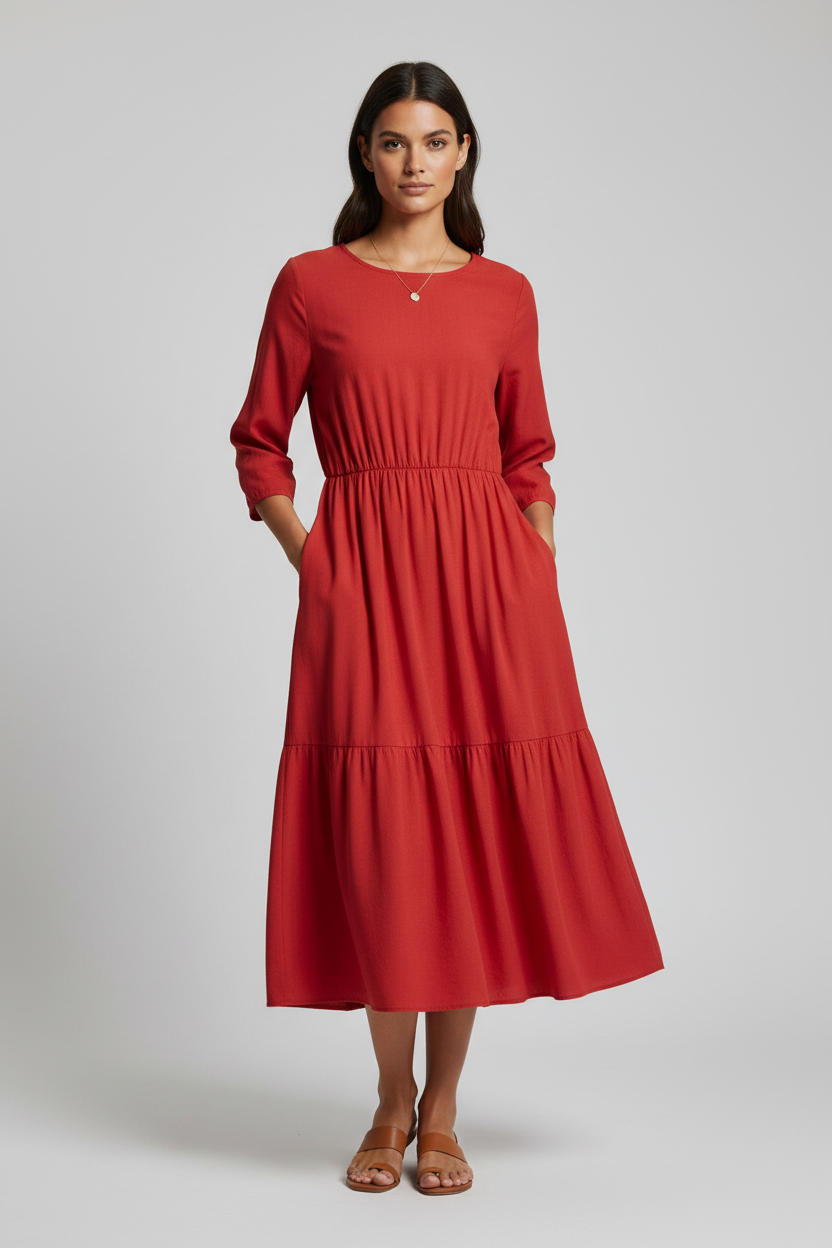 Red casual day dress - studio front