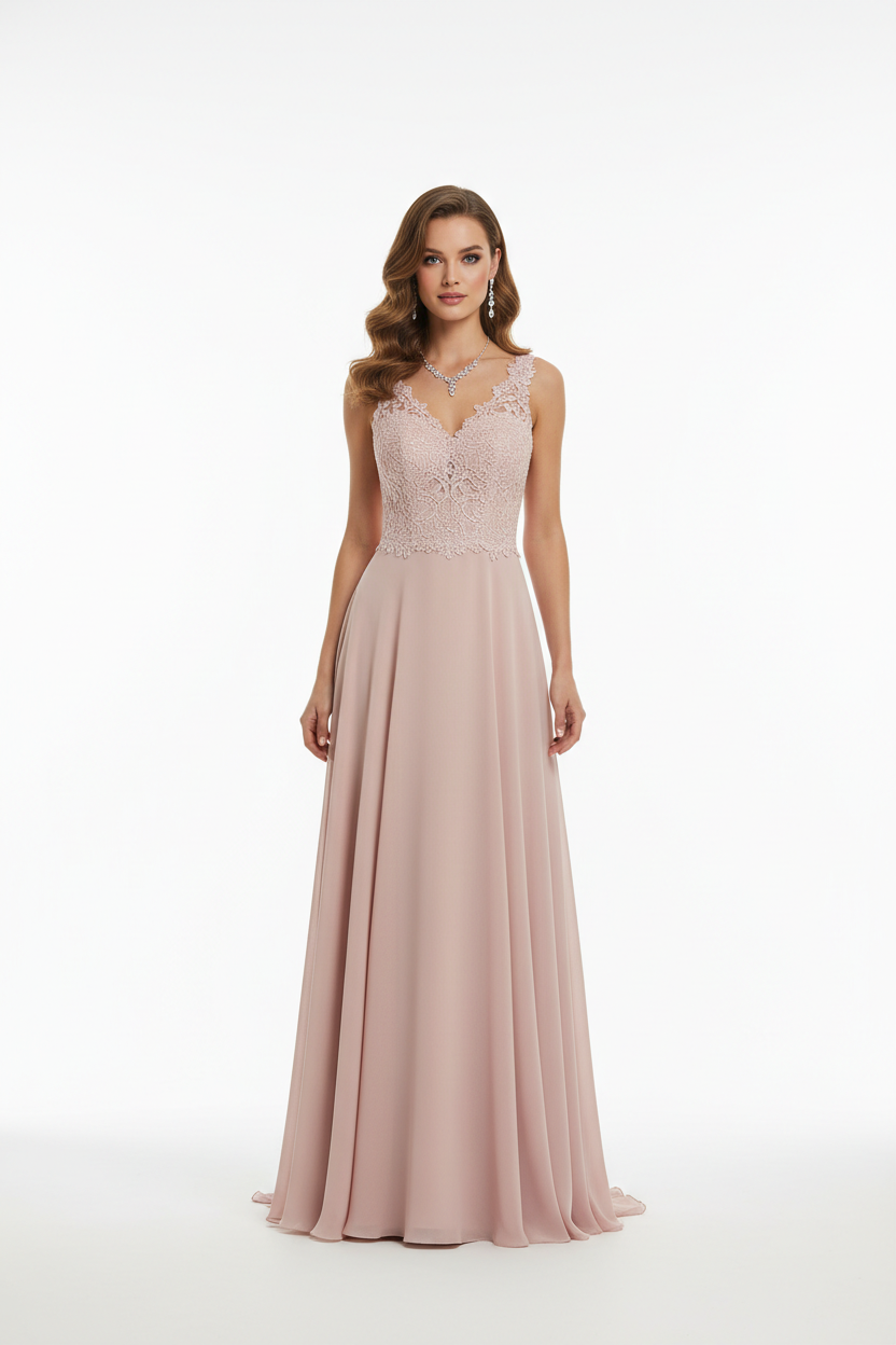 Dusty rose blush pink formal evening dress - front white background