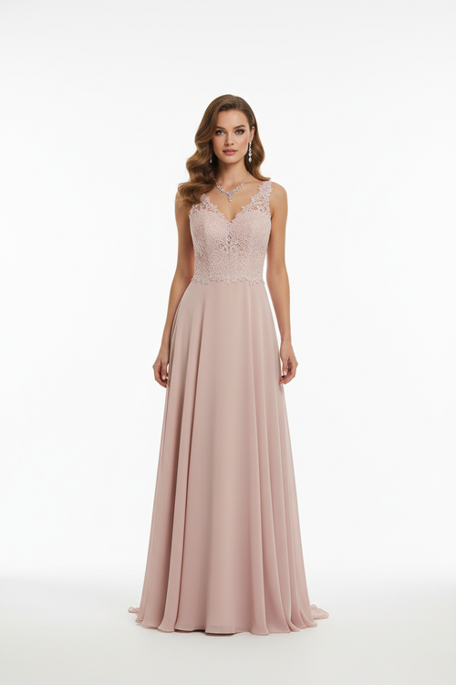 Dusty rose blush pink formal evening dress - front white background