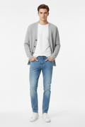 Light blue men's jeans - front white background