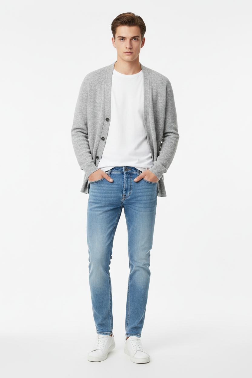 Light blue men's jeans - front white background