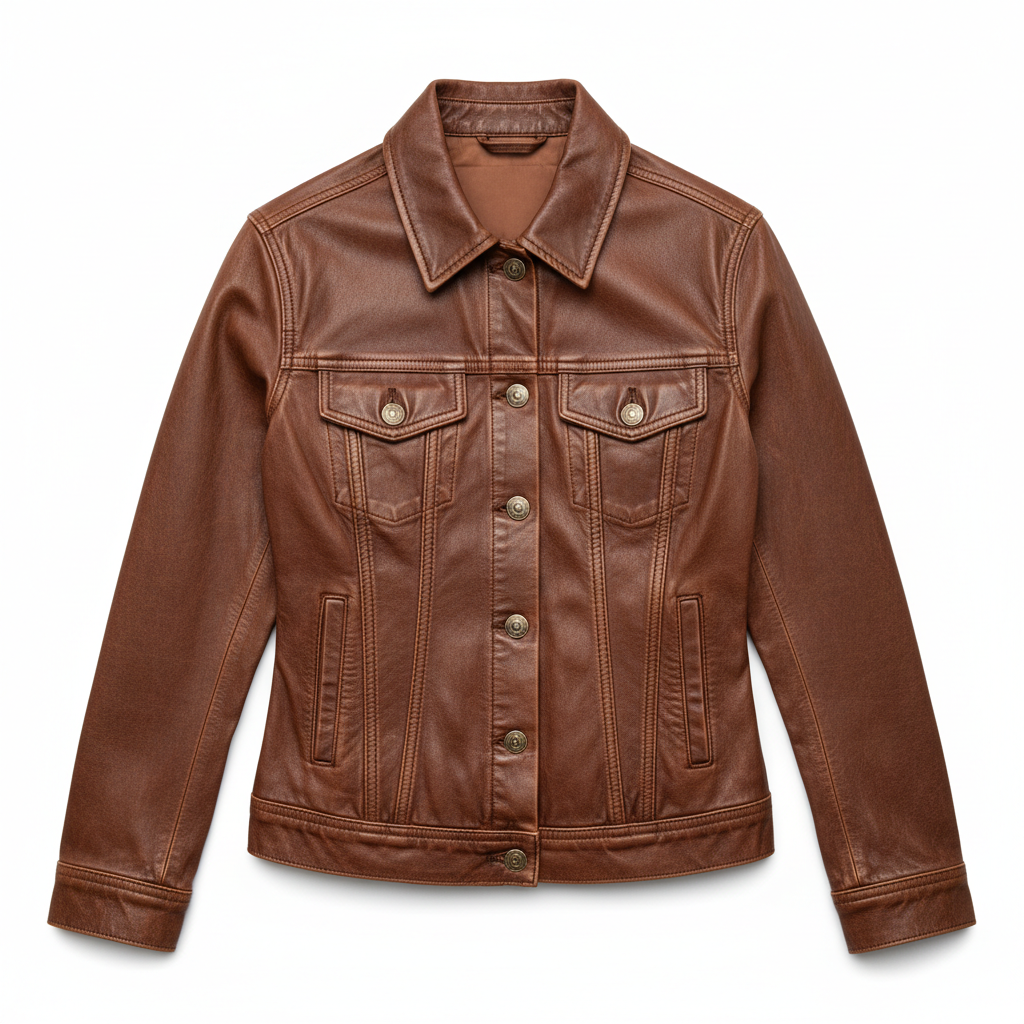 Women's Denim Jacket Brown Leather - Studio Shot