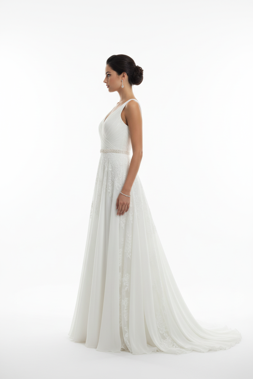 White formal evening dress - left white background