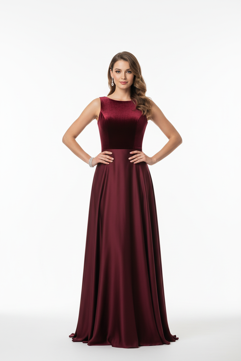 Burgundy wine formal evening dress - front white background