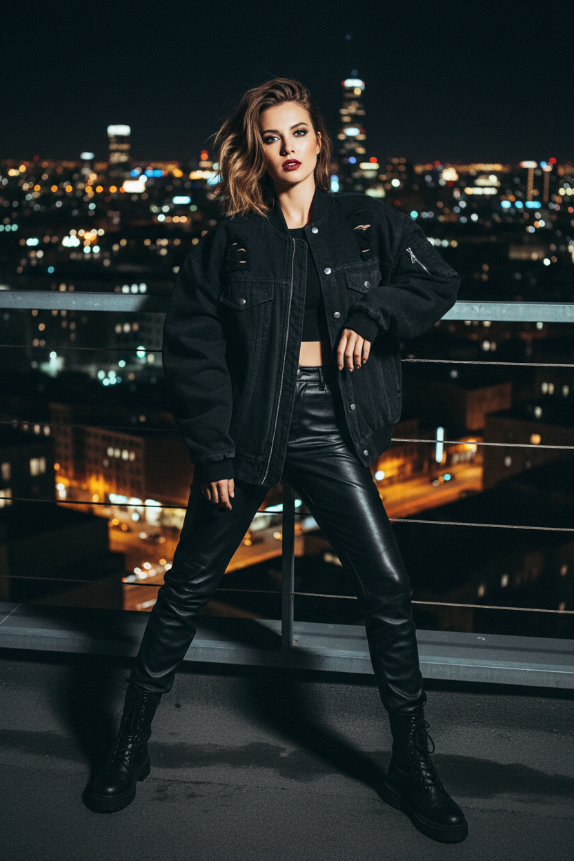 Women's Casual Bomber Jacket Denim Black - Lifestyle 2