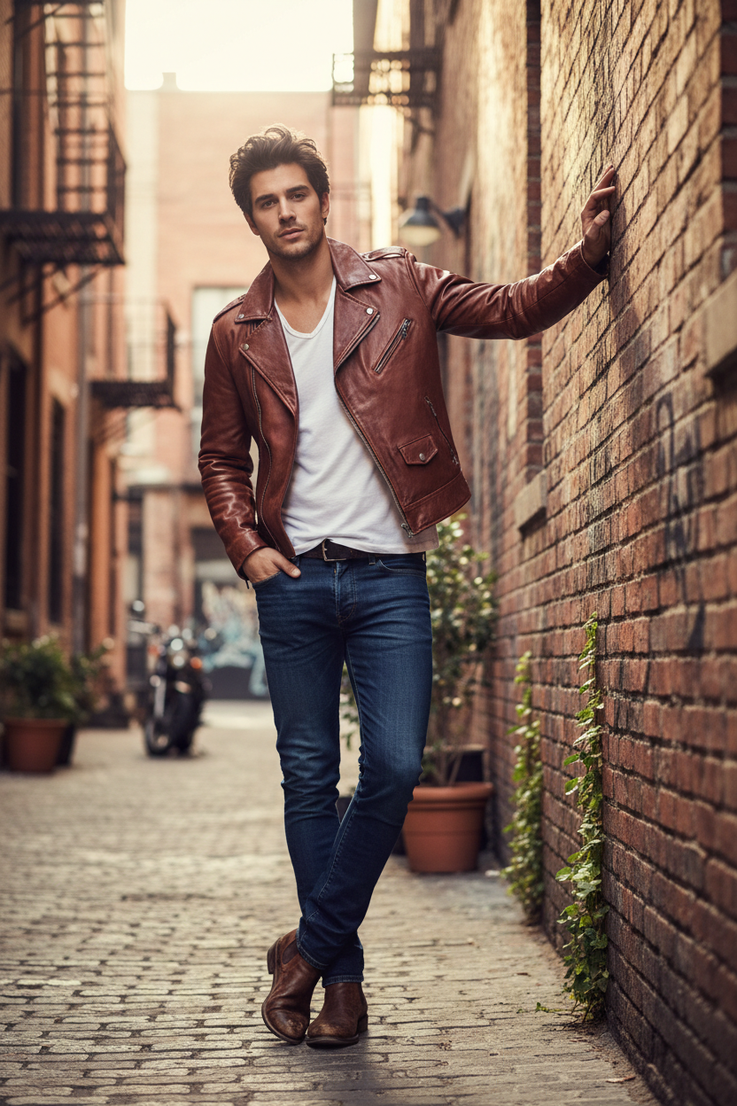 Men's Denim Jacket Brown Leather - Lifestyle 2