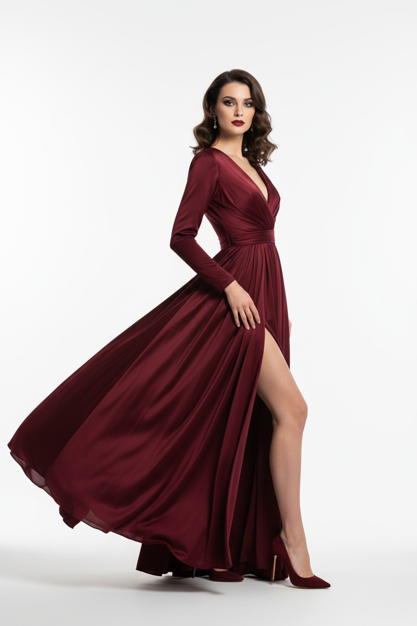 Burgundy wine formal evening dress - three quarter white background