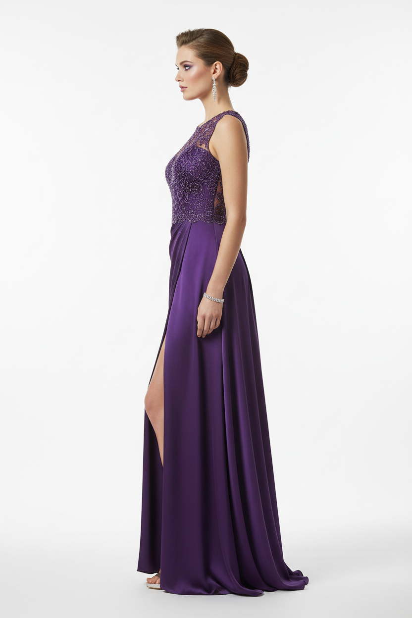 Purple formal evening dress - left white background