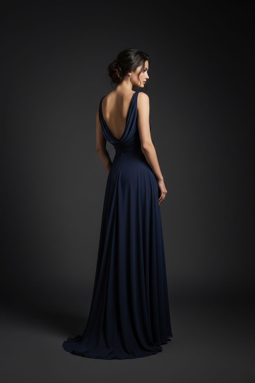Navy blue formal evening dress - studio back