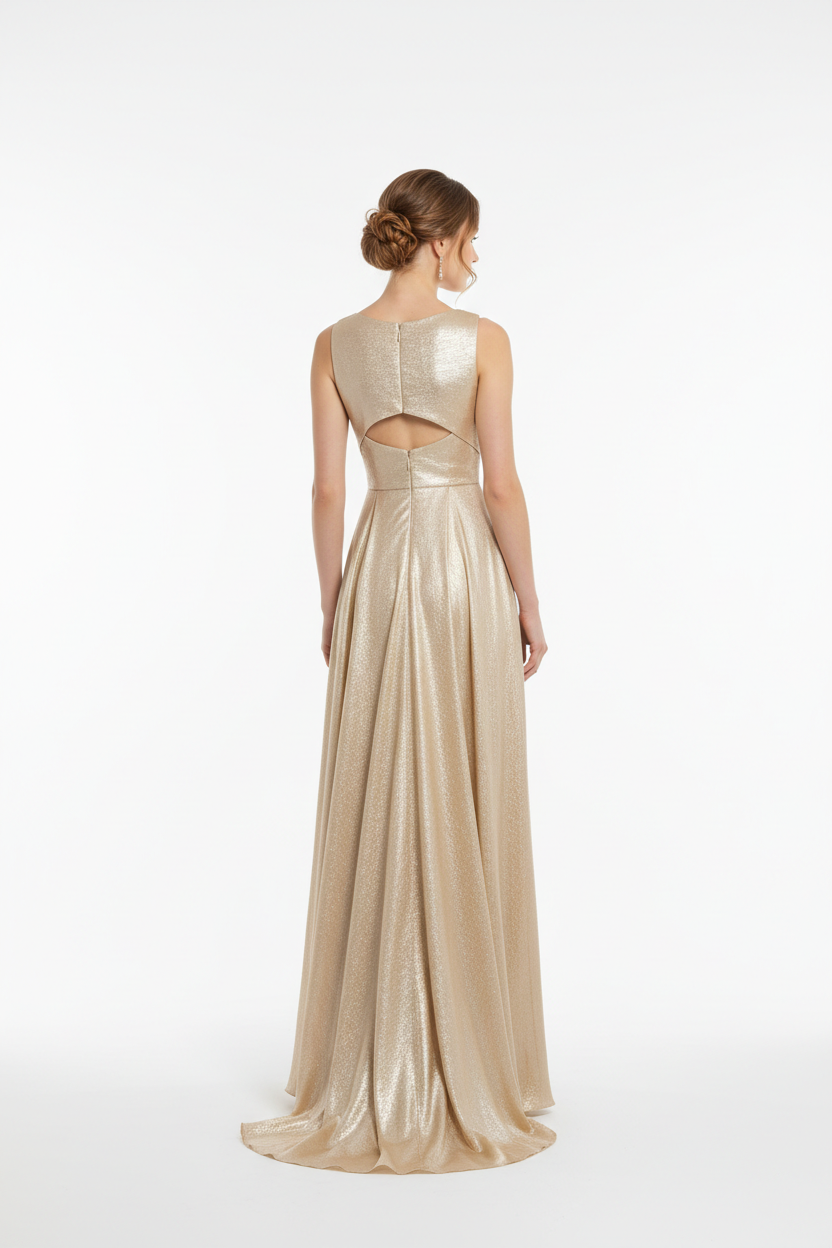 Champagne gold formal evening dress - back white background
