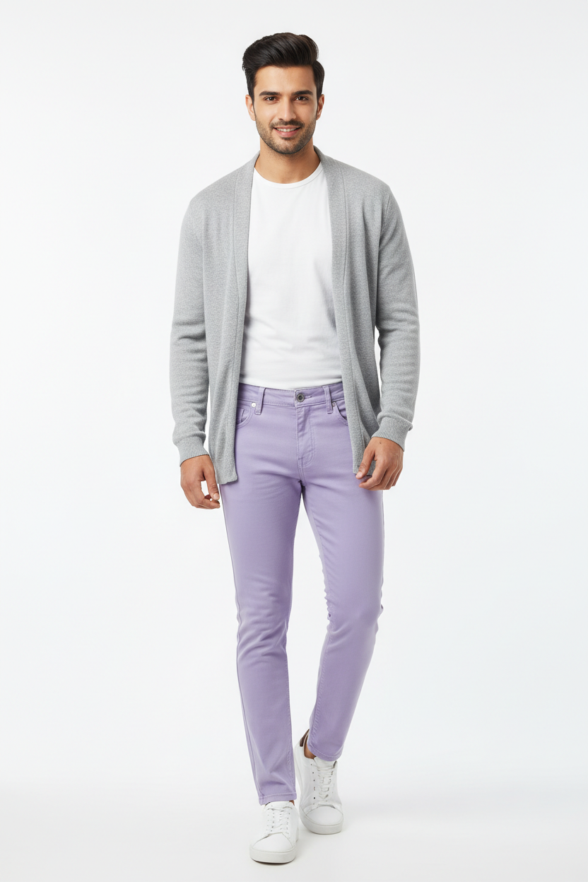 Lavender men's jeans - front white background