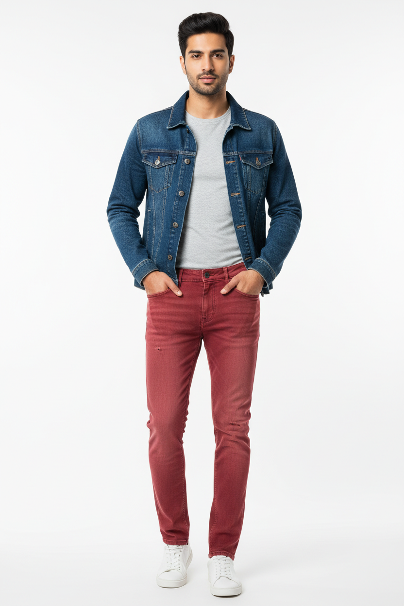 Red men's jeans - front white background