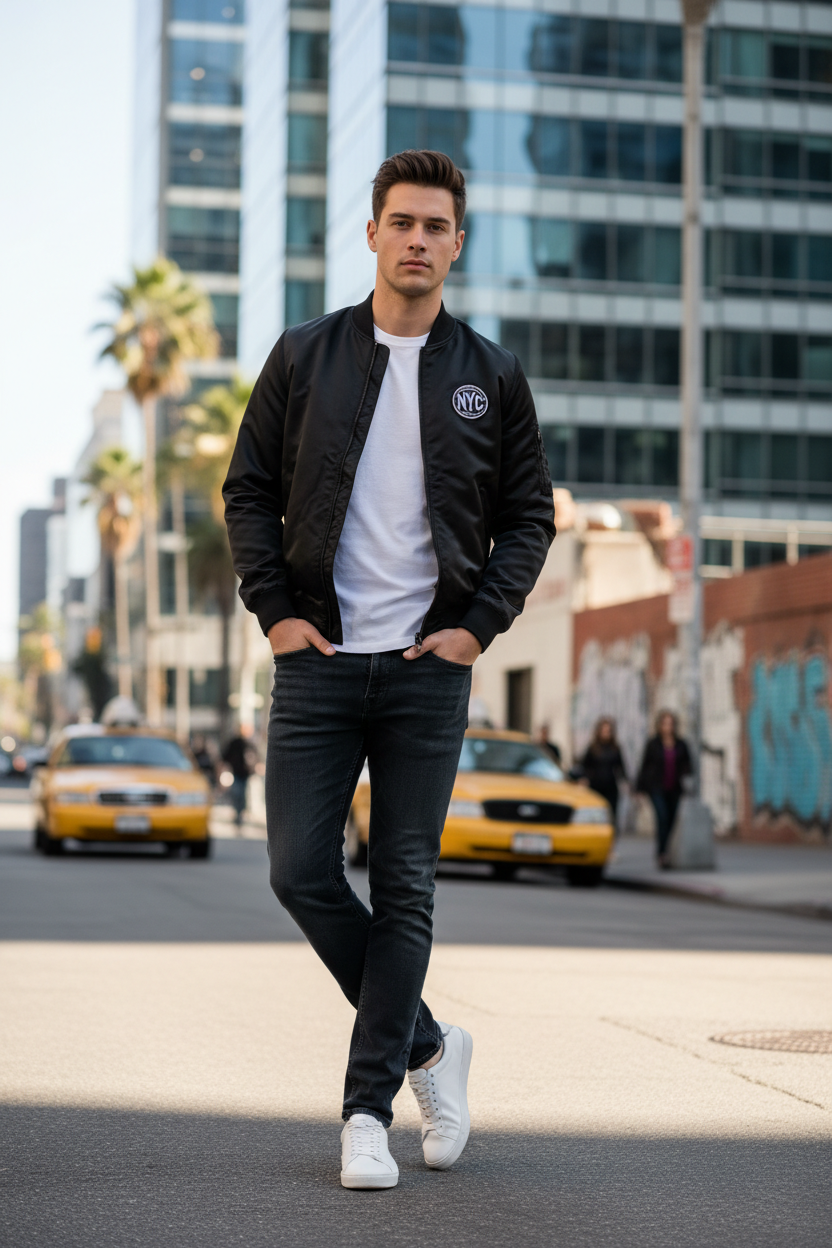 Men's Casual Bomber Jacket Black - Lifestyle 1
