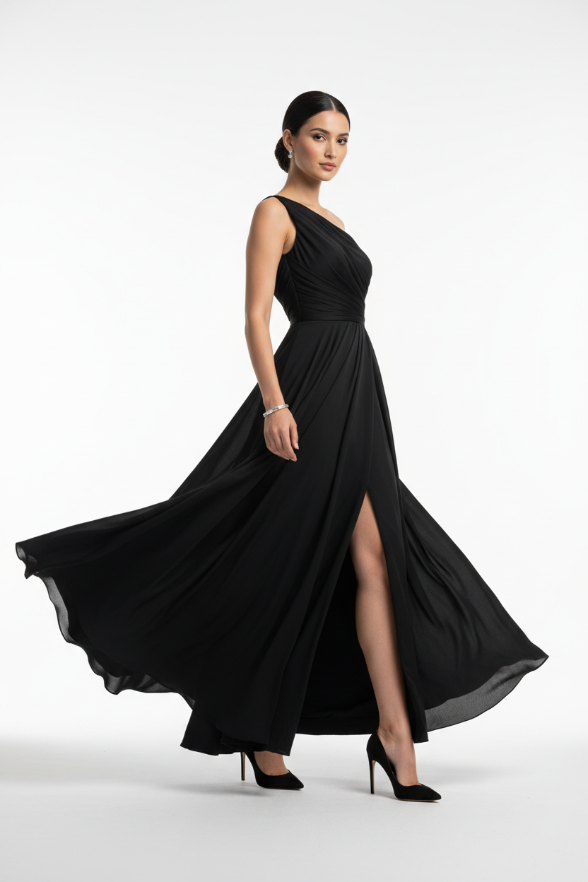 Black formal evening dress - three quarter white background