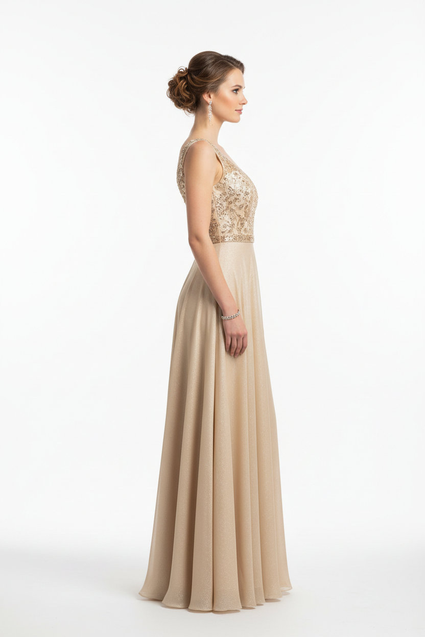 Champagne gold formal evening dress - right white background