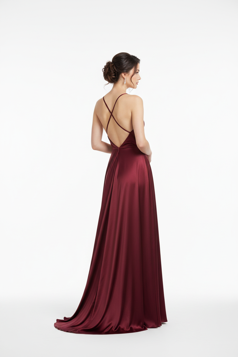 Burgundy wine formal evening dress - back white background