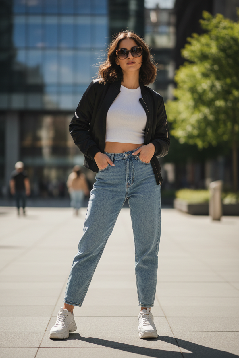 Women's Casual Bomber Jacket Black - Lifestyle 1