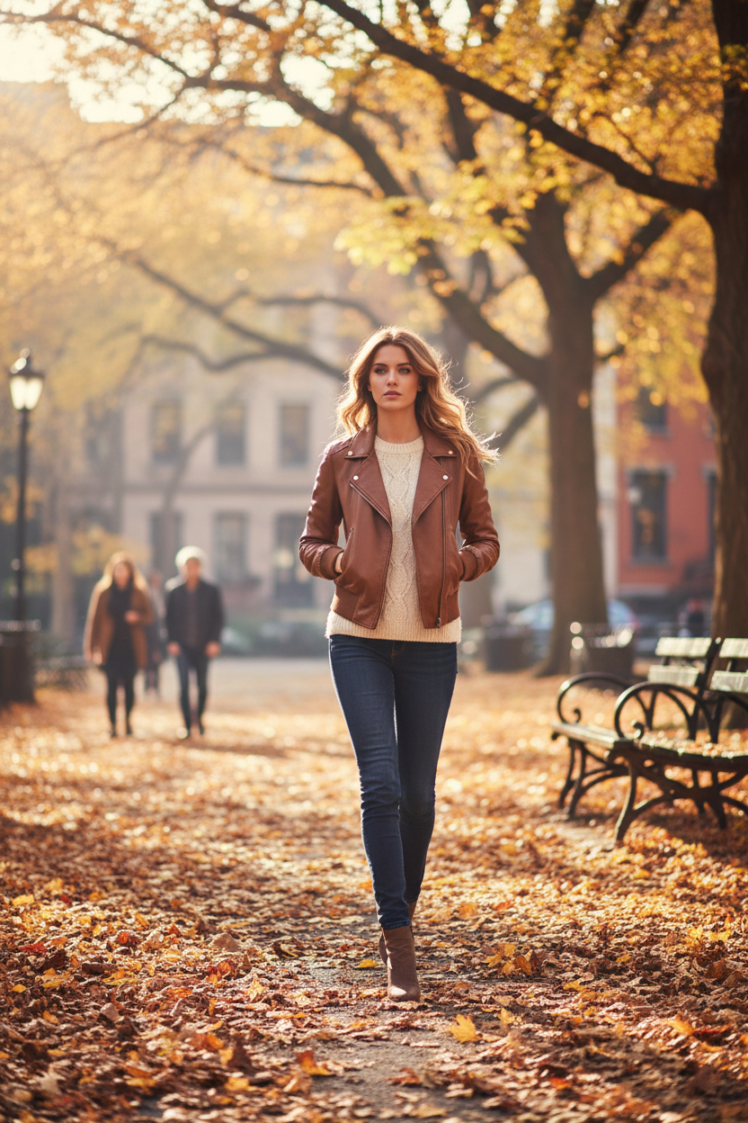Women's Casual Bomber Jacket Brown Leather - Lifestyle 2