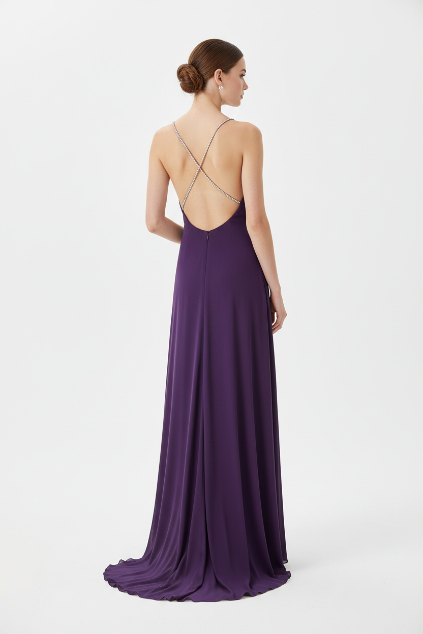 Purple formal evening dress - back white background