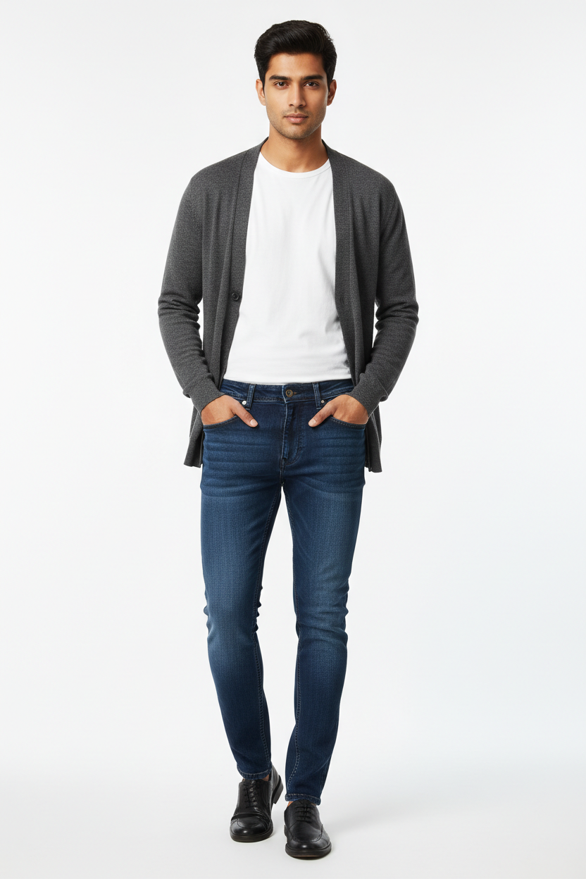 Dark blue men's jeans - front white background