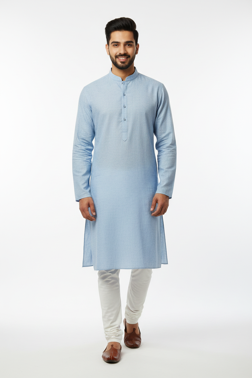 Light blue men's kurta - front white background