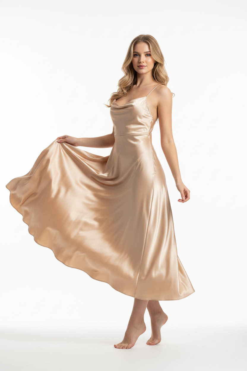 Champagne gold night dress - three quarter white background