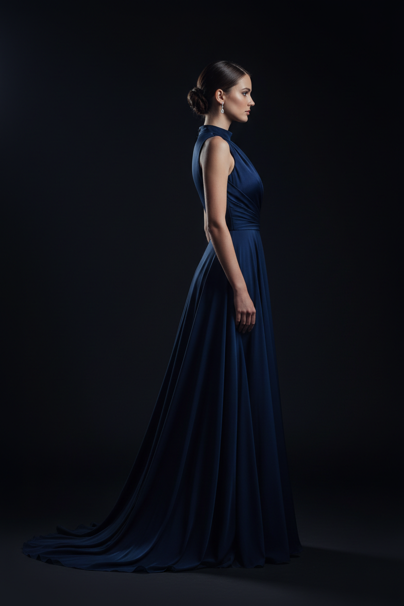 Navy blue formal evening dress - studio right