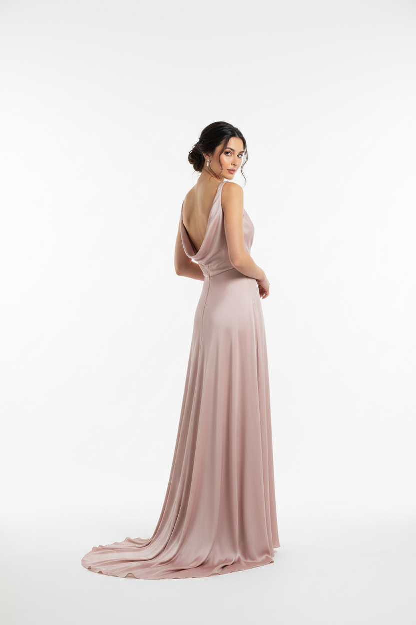 Dusty rose blush pink formal evening dress - back white background