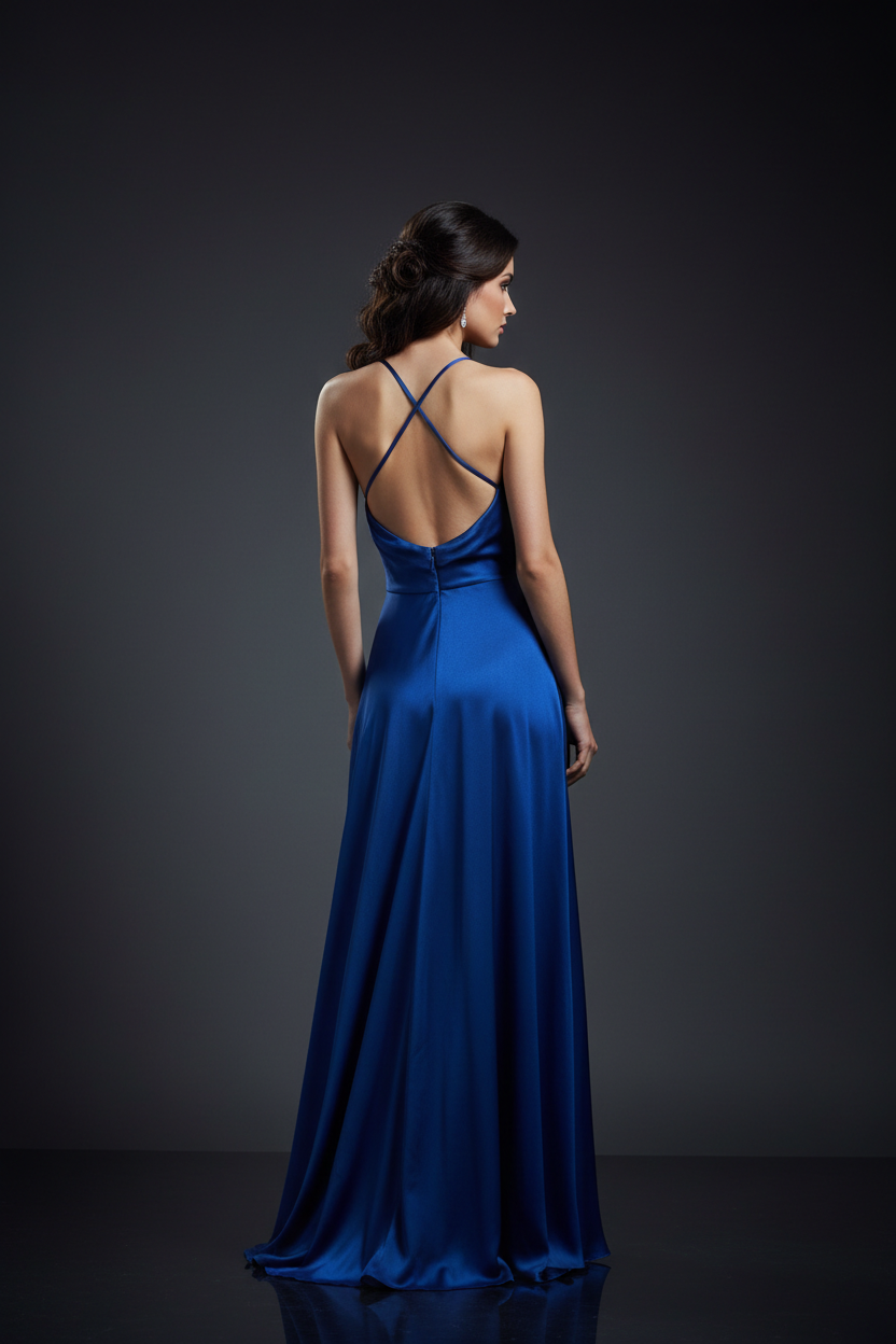 Blue formal evening dress - studio back