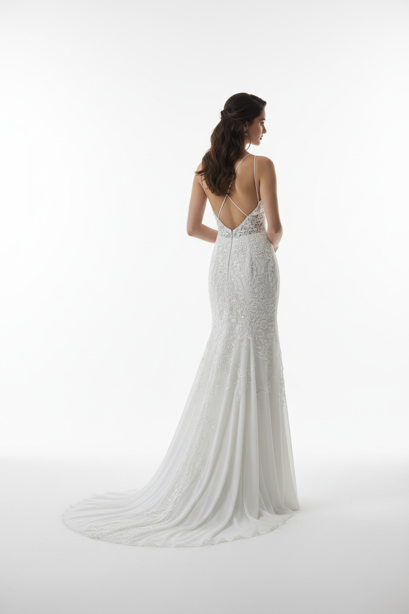 White formal evening dress - back white background