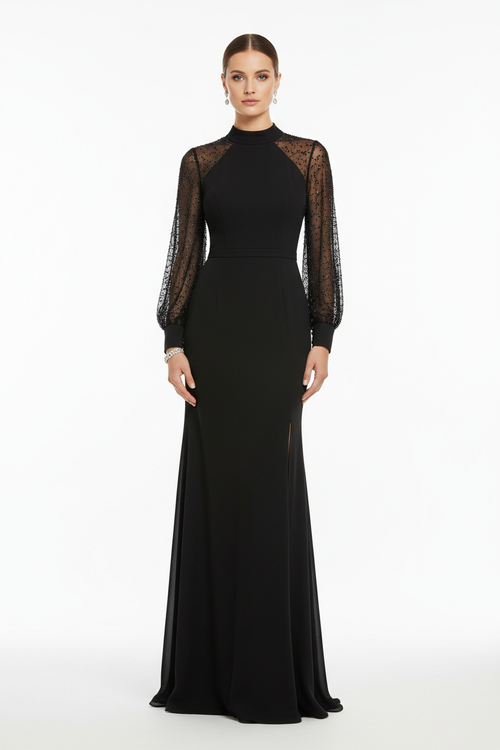 Black formal evening dress - front white background