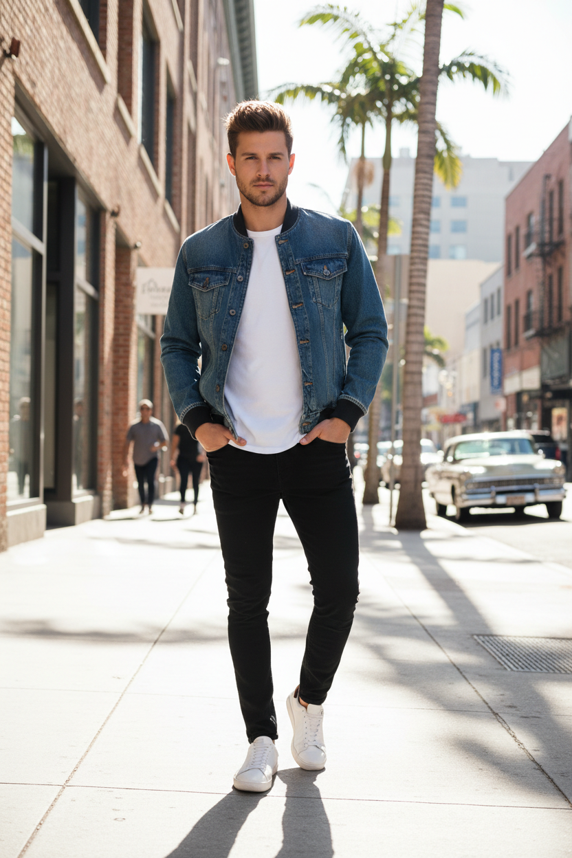 Men's Casual Bomber Jacket Denim Blue - Lifestyle 1