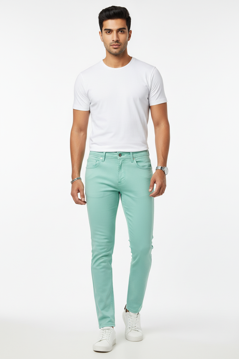 Mint green men's jeans - front white background