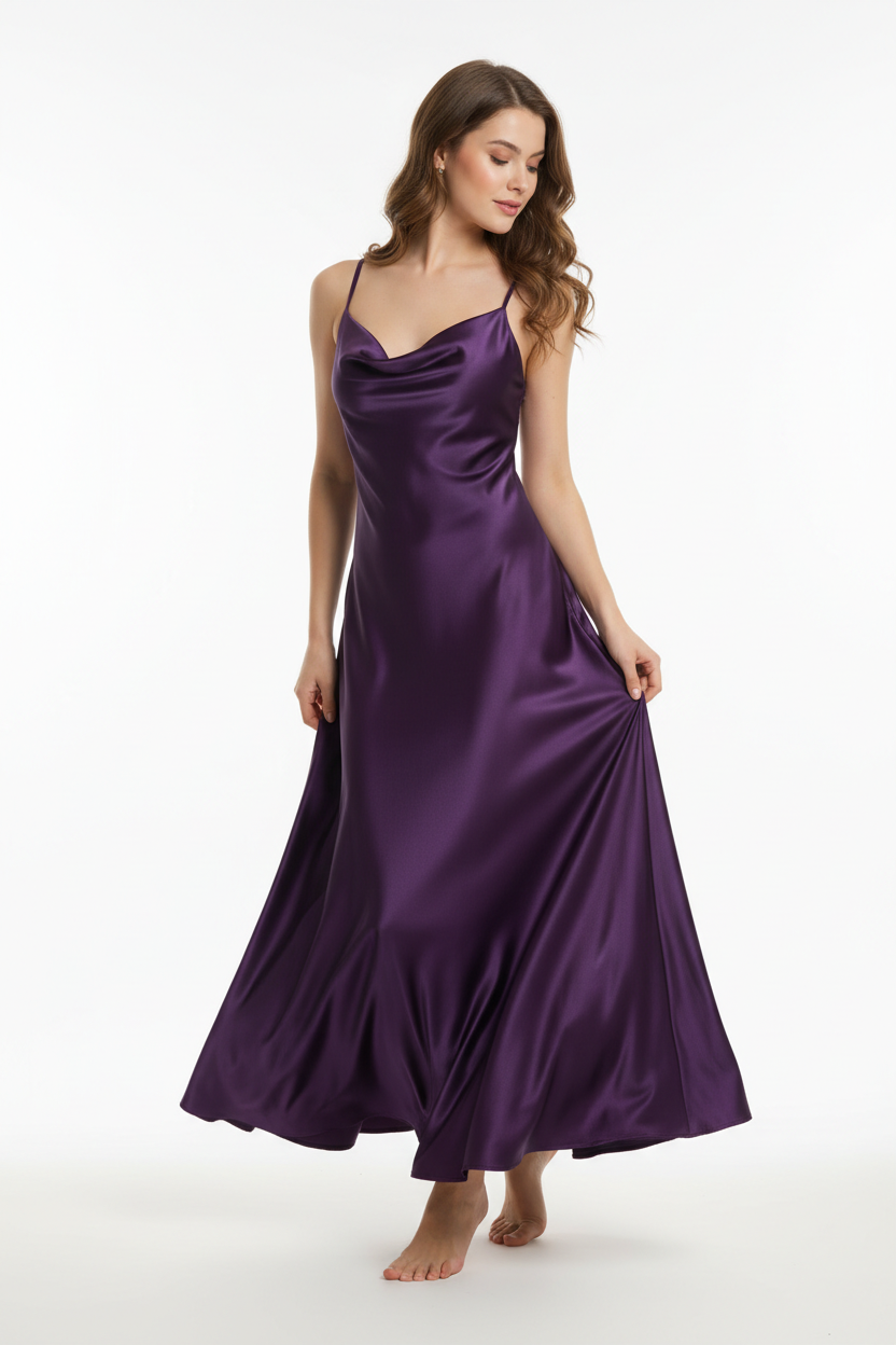 Purple night dress - three quarter white background