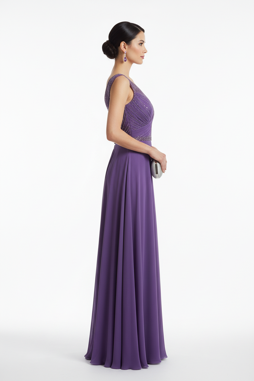 Purple formal evening dress - right white background