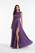 Purple formal evening dress - front white background