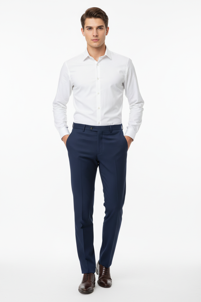 Navy blue men's trousers - front white background
