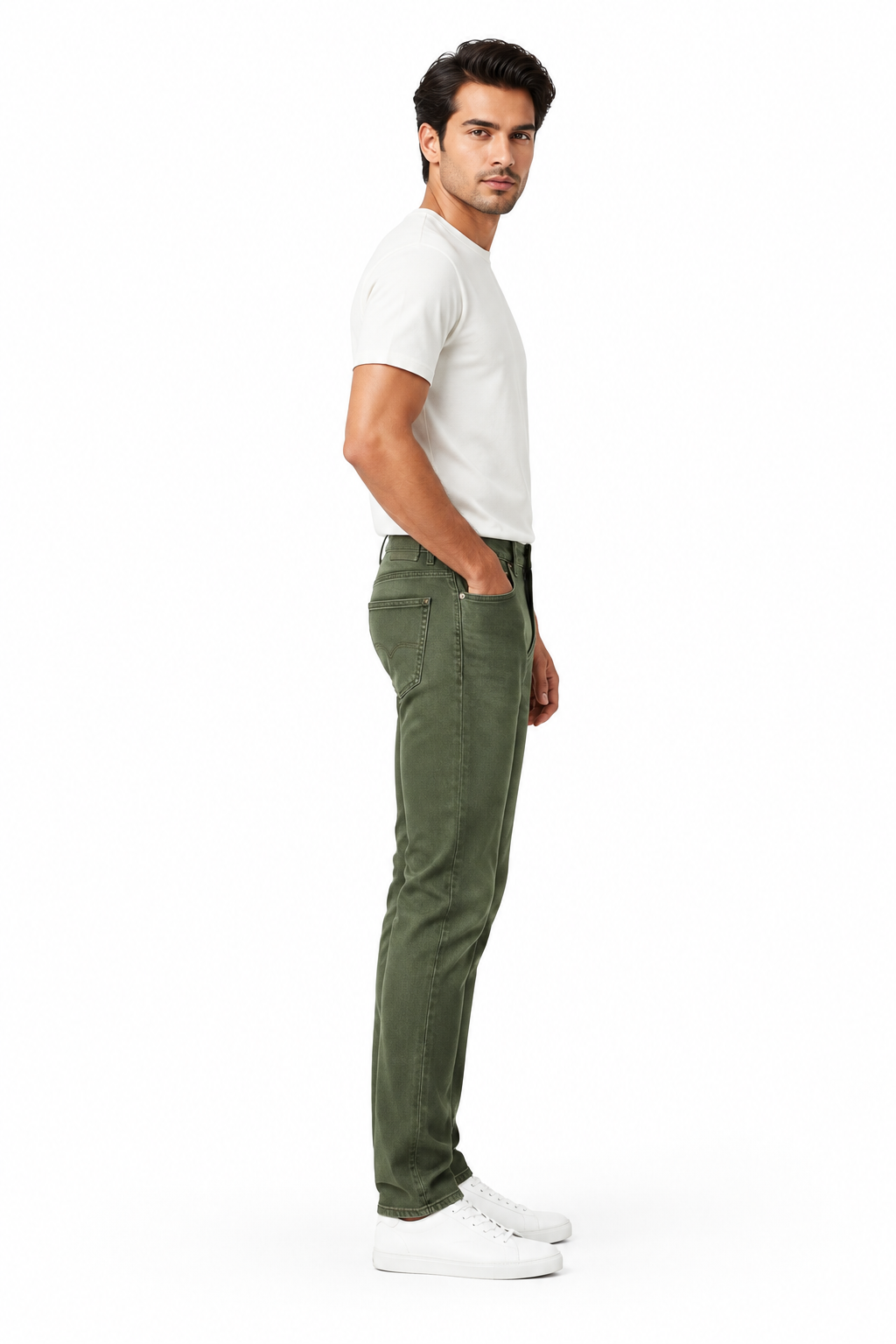 Olive Green Men's Jeans - Side Profile