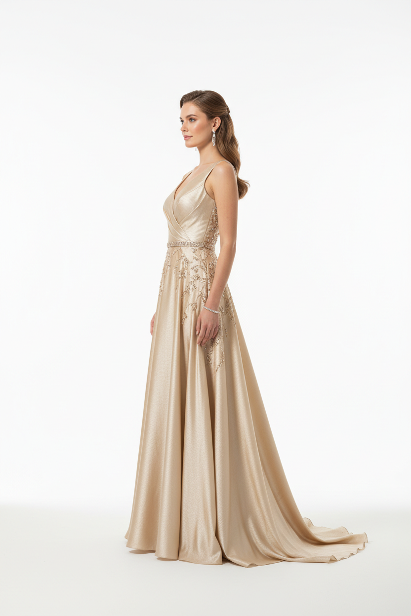 Champagne gold formal evening dress - left white background