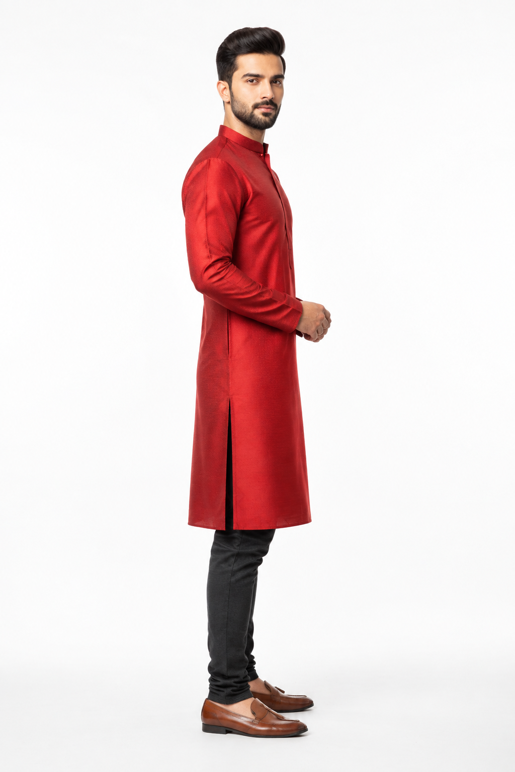 Red Men's Kurta - Side Profile